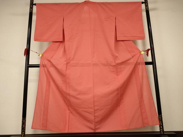 平和屋着物*夏物 色無地 芝紋紗 鉛丹色 洗える着物 AABA9369jd