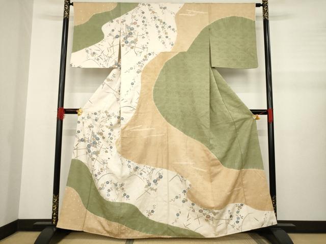 平和屋着物●訪問着 絞り 流水枝花文 正絹 逸品 AABA9455ck