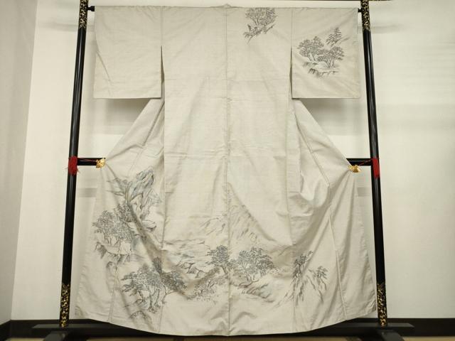 平和屋着物●本場大島紬 訪問着 手描き 白大島 100亀甲 総詰め 風景文 正絹 逸品 AABA9476ck