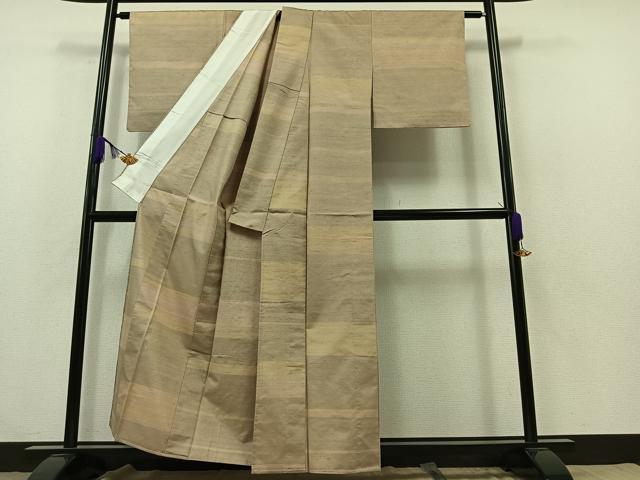 平和屋着物▽紅花紬 米沢 単衣 横段文 正絹 逸品 AABA9563jh