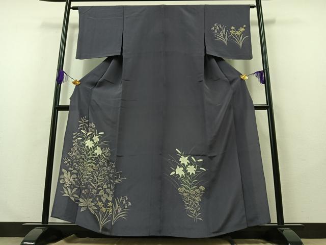 平和屋着物▽訪問着 単衣 手描き 草花文 鬼しぼ縮緬 正絹 逸品 AABA9578jh