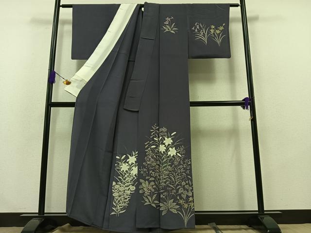 平和屋着物▽訪問着 単衣 手描き 草花文 鬼しぼ縮緬 正絹 逸品 AABA9578jh