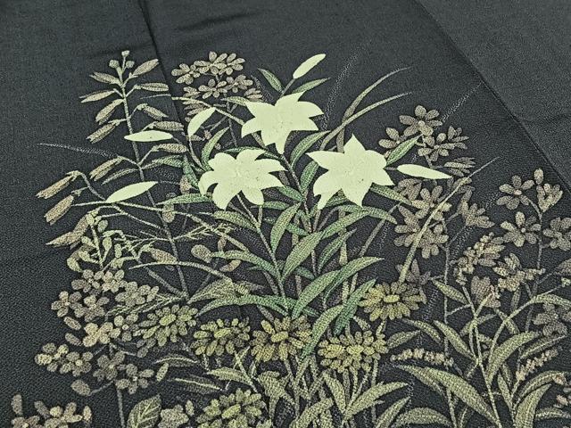平和屋着物▽訪問着 単衣 手描き 草花文 鬼しぼ縮緬 正絹 逸品 AABA9578jh