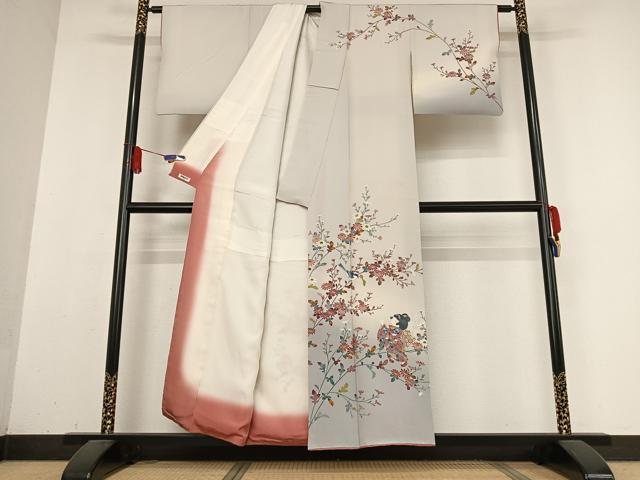 平和屋着物●訪問着 友禅 作家物 枝花に休み鳥 童子 正絹 逸品 AABB0152zg
