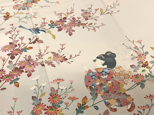 平和屋着物●訪問着 友禅 作家物 枝花に休み鳥 童子 正絹 逸品 AABB0152zg