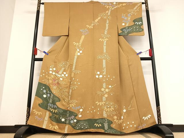 平和屋着物●訪問着 手描き 絞り 松竹梅 金彩 正絹 逸品 AABB0154zg