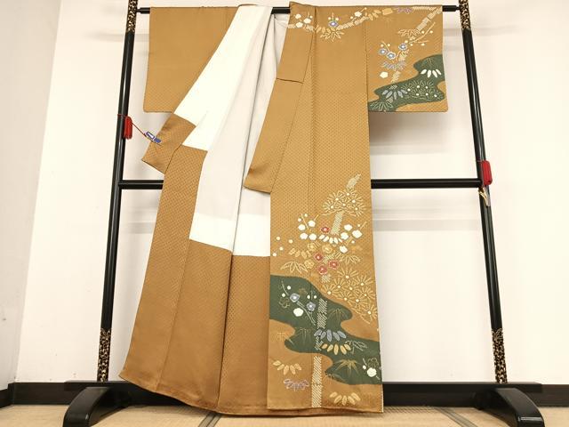 平和屋着物●訪問着 手描き 絞り 松竹梅 金彩 正絹 逸品 AABB0154zg