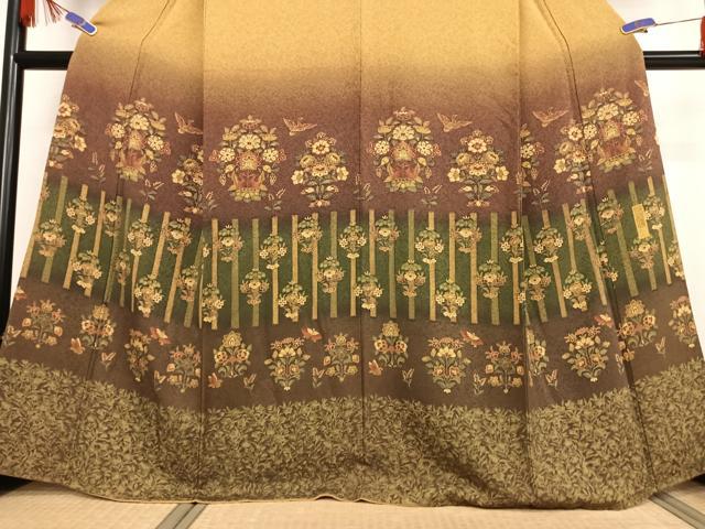 平和屋着物●訪問着 双鳥花蝶文 本苔染 正絹 逸品 AABB0171zg