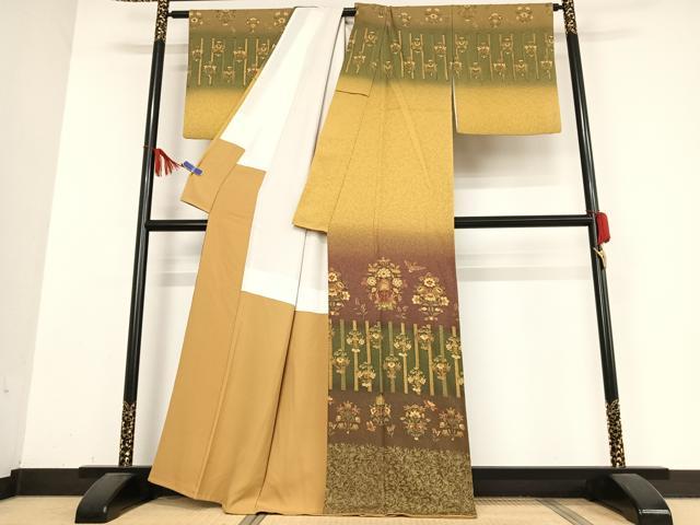 平和屋着物●訪問着 双鳥花蝶文 本苔染 正絹 逸品 AABB0171zg