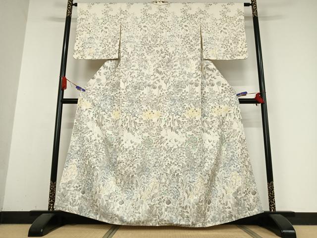 平和屋着物●訪問着 紬地 手描き 草花文 正絹 逸品 AABB0198zg