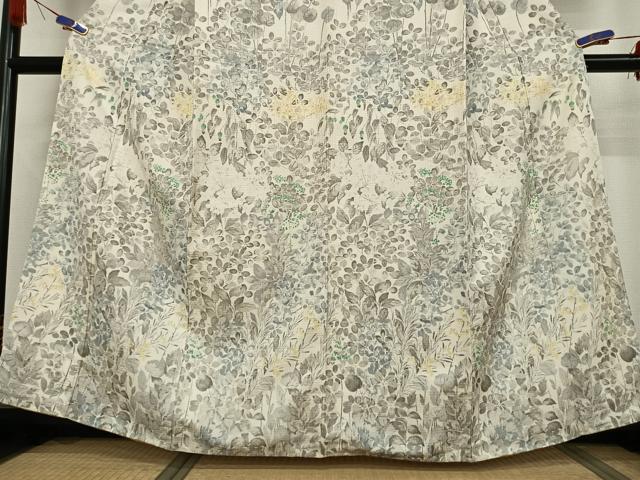 平和屋着物●訪問着 紬地 手描き 草花文 正絹 逸品 AABB0198zg