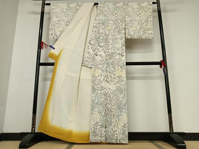 平和屋着物●訪問着 紬地 手描き 草花文 正絹 逸品 AABB0198zg