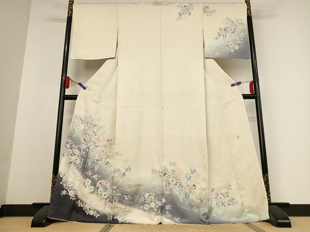 平和屋着物●訪問着 作家物 絞り 辻が花 流水雪輪花文 暈し染め 金彩 金通し地 正絹 逸品 AABB0209zg