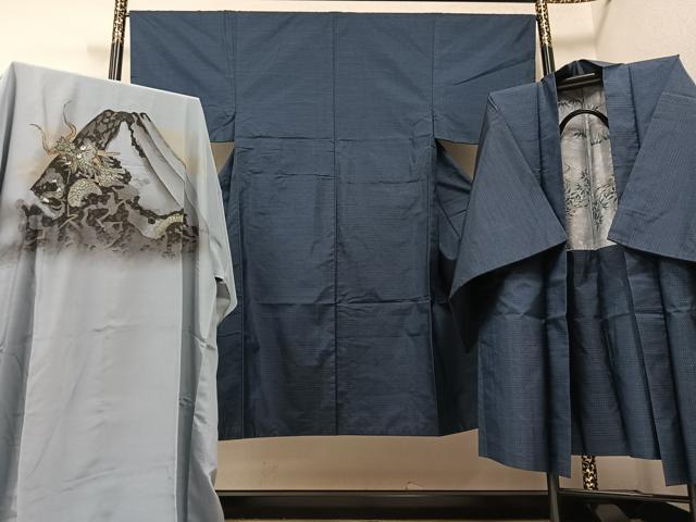 平和屋着物●男性 本場大島紬 アンサンブル 長襦袢(袷)セット 格子 正絹 逸品 AABB0400ph