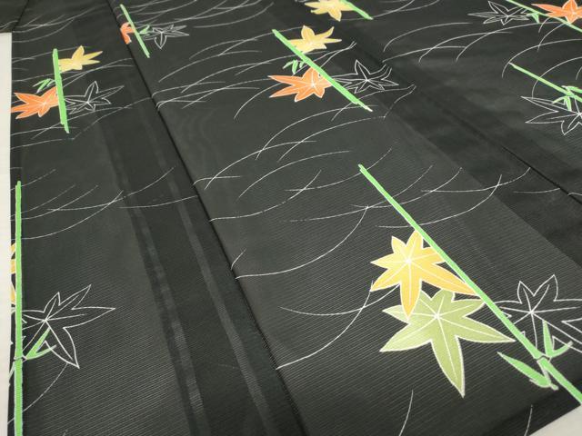 平和屋着物*夏物 小紋 絽 楓 黒地 洗える着物 AABB0492st