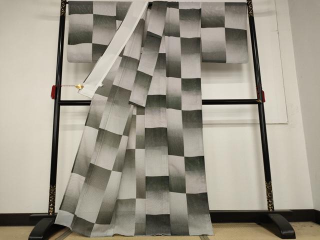 平和屋着物*夏物 小紋 絽 市松文様 洗える着物 AABB0505st