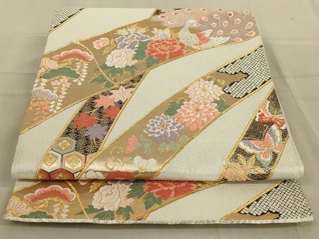 平和屋着物◎六通柄袋帯 唐織 孔雀花文 黒地 金銀糸 正絹 逸品 AABB0651ou