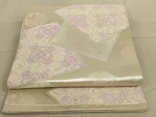 平和屋着物◎六通柄袋帯 唐織 色紙重ね更紗花文 銀糸 正絹 逸品 AABB0666ou