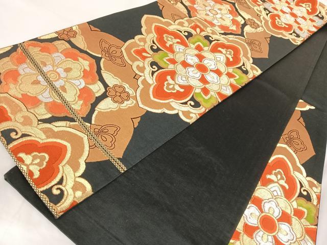 平和屋着物◎六通柄袋帯 唐織 正倉院花文 黒地 金銀糸 正絹 逸品 AABB0725uw