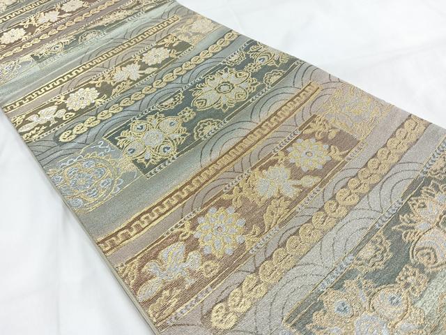 平和屋着物◎六通柄袋帯 横段花文 金銀糸 正絹 逸品 AABB0775uw