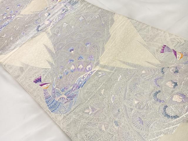 平和屋着物◎六通柄袋帯 唐織 孔雀花文 銀糸 正絹 逸品 AABB0807uw