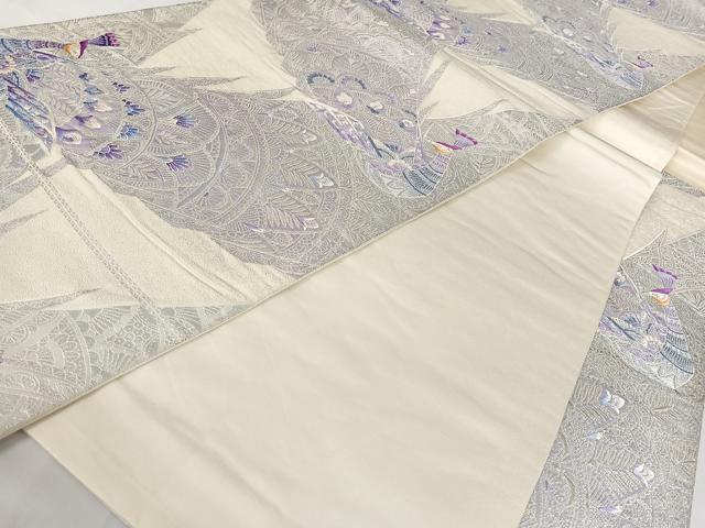 平和屋着物◎六通柄袋帯 唐織 孔雀花文 銀糸 正絹 逸品 AABB0807uw