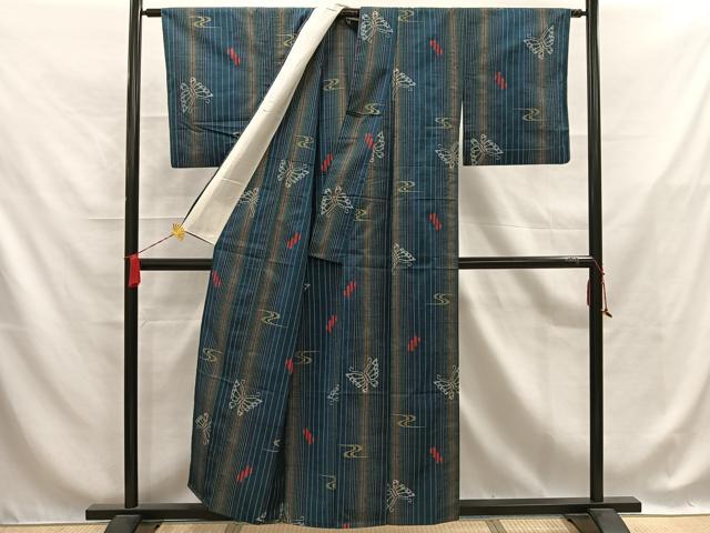 平和屋着物▽上質な紬 単衣 流水舞蝶文 正絹 逸品 AABB0868uw