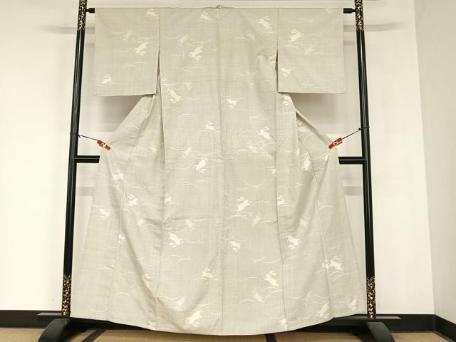 平和屋着物▽本塩沢 単衣 110亀甲 跳兎 正絹 逸品 AABB1351np
