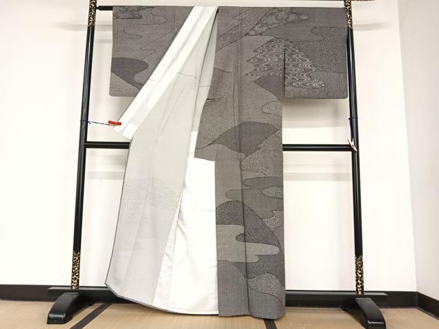 平和屋着物▽重要無形文化財 人間国宝 中村勇二郎 訪問着 国宝訪問着 単衣 寄せ小紋柄 黒地 正絹 逸品 AABB1353np