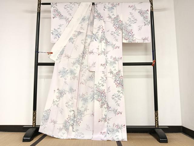 平和屋着物▽上質な小紋 単衣 花鳥文 暈し染め 正絹 逸品 AABB1359np