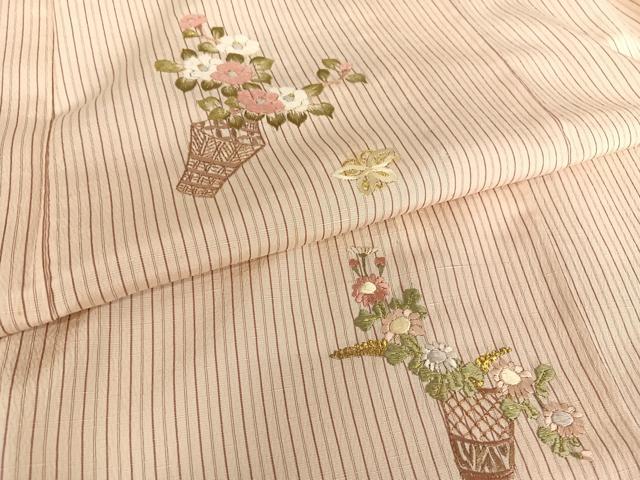 平和屋着物▽訪問着 単衣 刺繍 花籠舞蝶文 金糸 青山みとも扱い たとう紙付き 正絹 逸品 AABB1361np