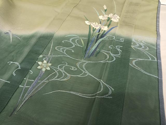 平和屋着物▽訪問着 無双 紗×紗 手描き 流水草花文 金彩 正絹 逸品 AABB1372np