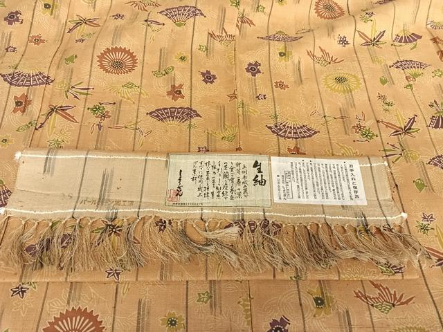 平和屋着物▽染織の名門 しょうざん 生紬 単衣 型染め 草花文 証紙付き 正絹 逸品 AABB1374np