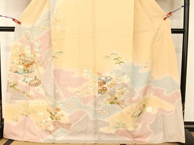 平和屋着物●創業460年・千總 訪問着 駒刺繍 貝桶草花文 暈し染め 金彩 丹後ちりめん 金彩 正絹 逸品 未使用 AABB1397np