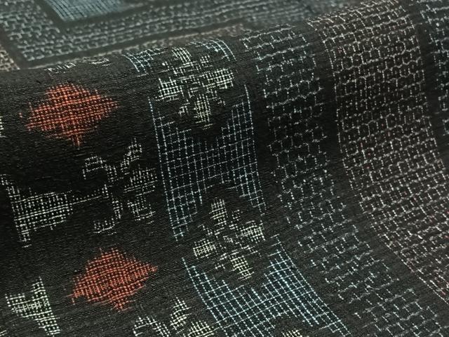 平和屋着物▽結城ちぢみ 単衣 80亀甲 草花文 正絹 逸品 AABB1403jh