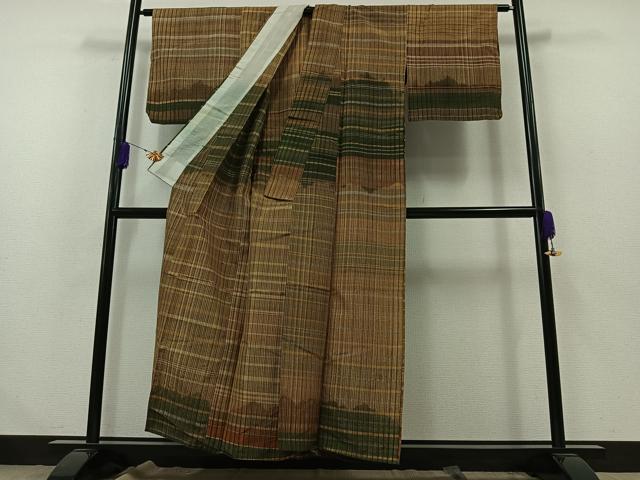 平和屋着物▽訪問着 単衣 紬地 横段文 正絹 逸品 AABB1406jh