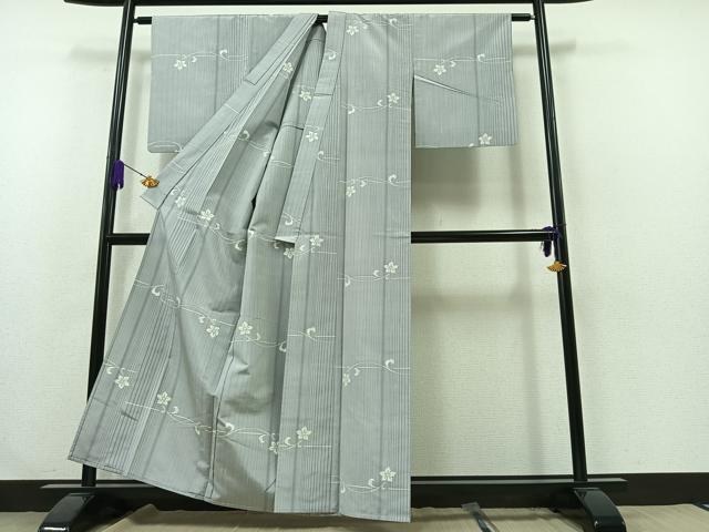 平和屋着物▽上質な紬 単衣 草花文 正絹 逸品 AABB1410jh