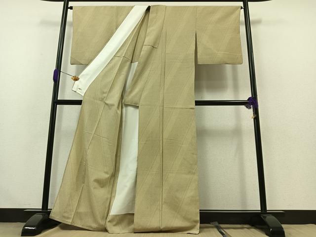 平和屋着物▽本塩沢 単衣 110亀甲 斜縞 正絹 逸品 AABB1420jh