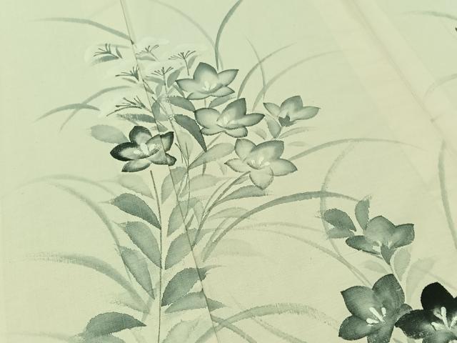 平和屋着物▽訪問着 単衣 紬地 手描き 草花文 正絹 逸品 AABB1421jh