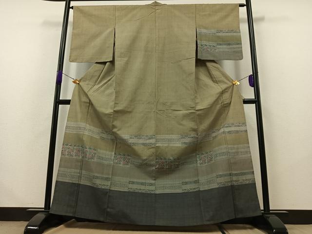 平和屋着物▽訪問着 単衣 紬地 横段花文 正絹 逸品 AABB1424jh