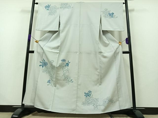 平和屋着物▽訪問着 単衣 お召地 手書き 草花文 正絹 逸品 AABB1431jh