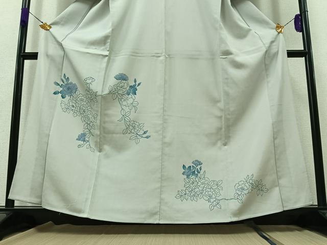 平和屋着物▽訪問着 単衣 お召地 手書き 草花文 正絹 逸品 AABB1431jh