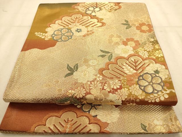 平和屋着物◎六通柄袋帯 草花文 金糸 三越扱い 正絹 逸品 AABB1537dt