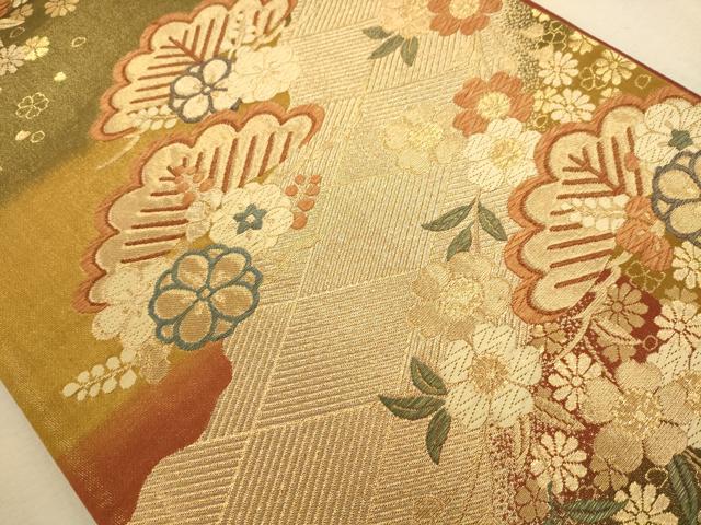 平和屋着物◎六通柄袋帯 草花文 金糸 三越扱い 正絹 逸品 AABB1537dt