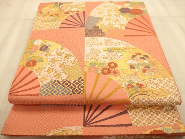 平和屋着物◎六通柄袋帯 唐織 扇面花文 金糸 正絹 逸品 AABB1538dt