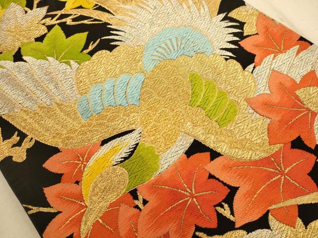 平和屋着物◎六通柄袋帯 唐織 花鳥文 黒地 金銀糸 正絹 逸品 AABB1548dt