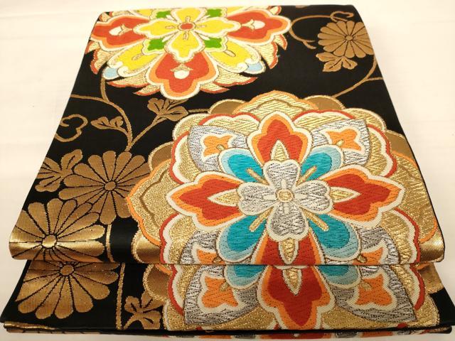 平和屋着物◎六通柄袋帯 唐織 正倉院花文 黒地 金銀糸 正絹 逸品 AABB1619dt