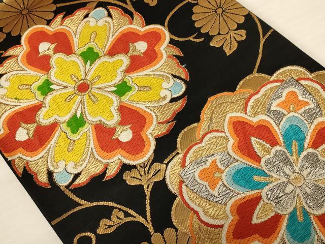 平和屋着物◎六通柄袋帯 唐織 正倉院花文 黒地 金銀糸 正絹 逸品 AABB1619dt