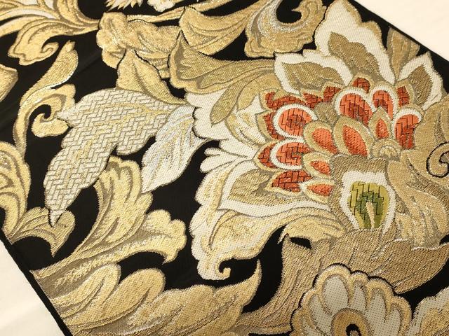 平和屋着物◎六通柄袋帯 唐織 更紗花文 黒地 金糸 正絹 逸品 AABB1641dt