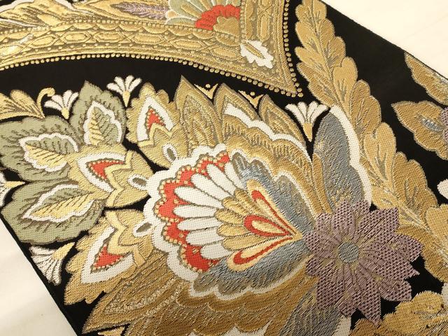 平和屋着物◎六通柄袋帯 更紗花文 黒地 金糸 正絹 逸品 AABB1650dt